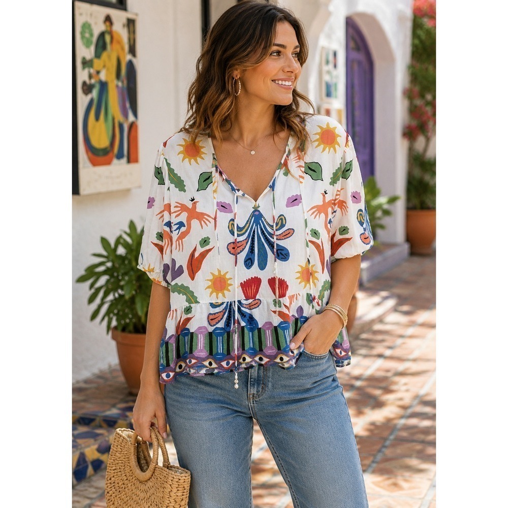 CeCe Folk Art Blouse Womens L Bird Floral Colorful Boho Rayon Novelty Print